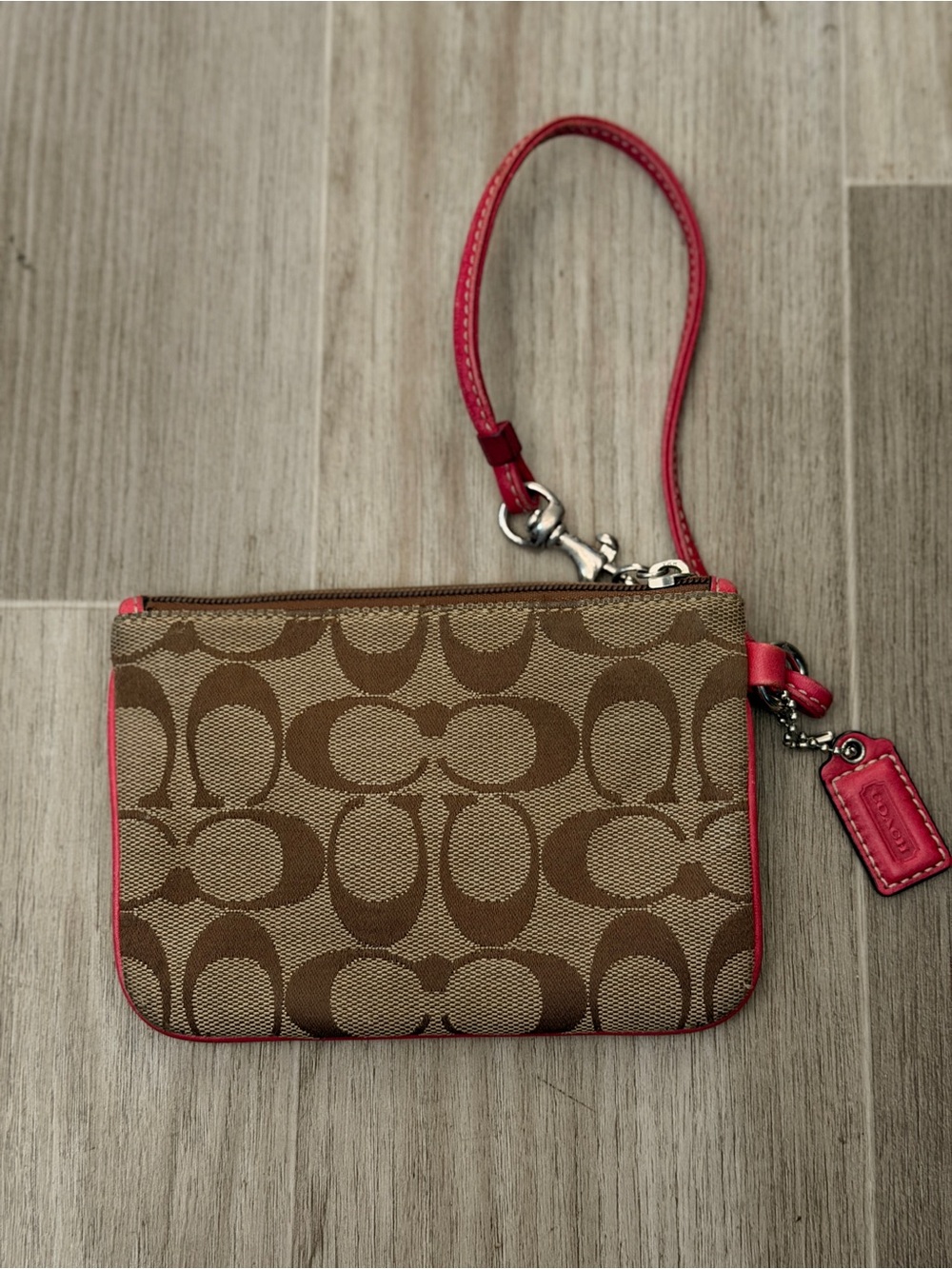 Coach Brown Signature Canvas Wristlet with Red Leather Accents - Picture 2 of 3